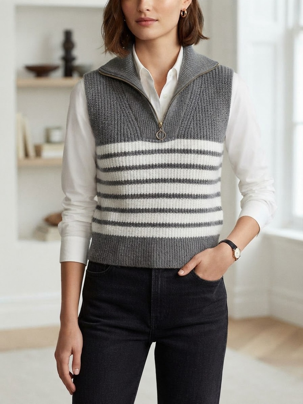 Kaisely Gray & Cream Striped Half-Zip Knit Vest